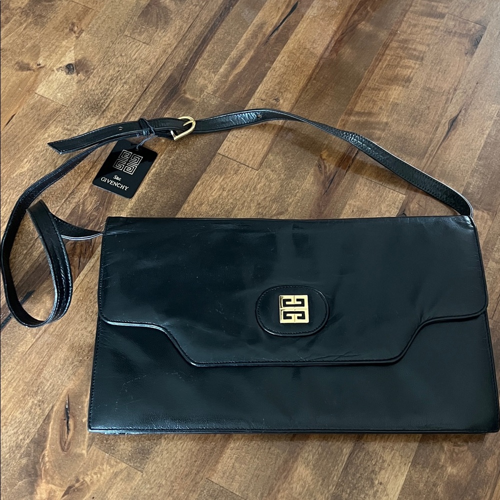 Givenchy Black Leather Clutch with Gold Tone Logo